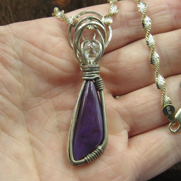 18" Sterling Silver Hand Wrapped Quartz & Purple Stone Necklace Vintage - Picture 2 of 6